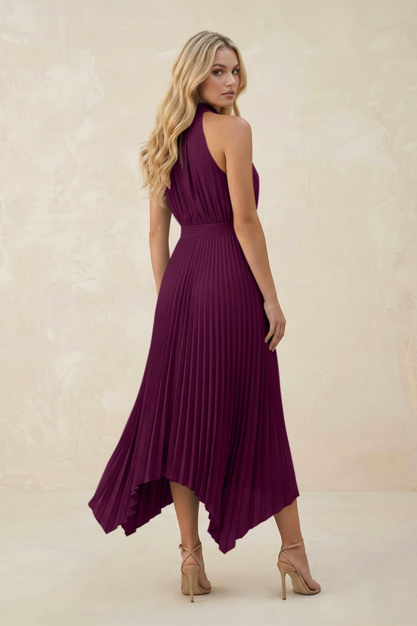Halter Neck Pleated A - Line Chiffon Bridesmaid Dress in Fig - KissProm Bridesmaid Dresses