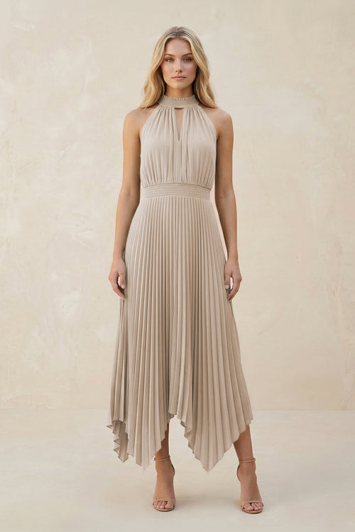 Halter Neck Pleated A - Line Chiffon Bridesmaid Dress in Frost - KissProm Bridesmaid Dresses