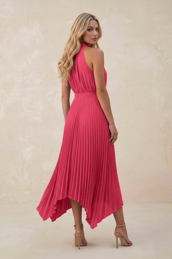 Halter Neck Pleated A - Line Chiffon Bridesmaid Dress in Fuchsia - KissProm Bridesmaid Dresses