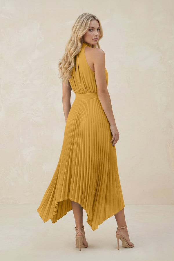 Halter Neck Pleated A - Line Chiffon Bridesmaid Dress in Marigold - KissProm Bridesmaid Dresses