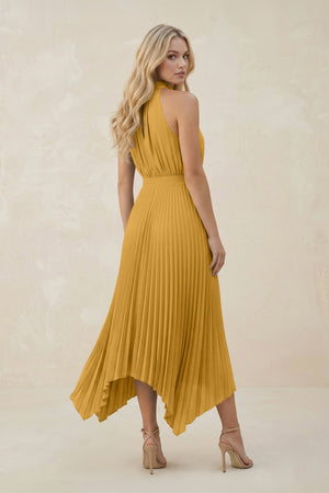Halter Neck Pleated A - Line Chiffon Bridesmaid Dress in Marigold - KissProm Bridesmaid Dresses