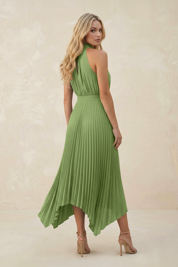 Halter Neck Pleated A - Line Chiffon Bridesmaid Dress in Matcha - KissProm Bridesmaid Dresses