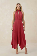 Halter Neck Pleated A - Line Chiffon Bridesmaid Dress in Merlot - KissProm Bridesmaid Dresses