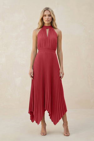 Halter Neck Pleated A - Line Chiffon Bridesmaid Dress in Merlot - KissProm Bridesmaid Dresses