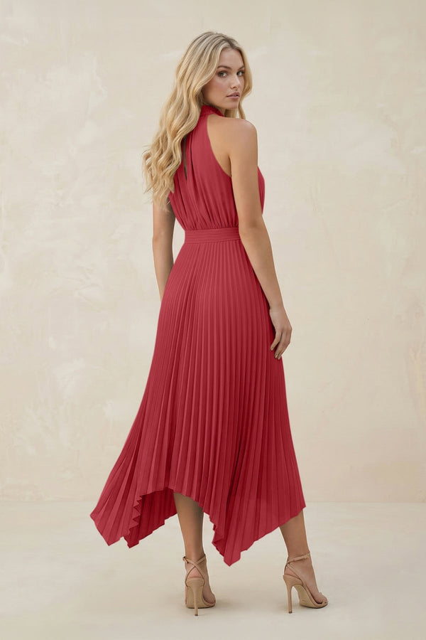 Halter Neck Pleated A - Line Chiffon Bridesmaid Dress in Merlot - KissProm Bridesmaid Dresses