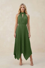 Halter Neck Pleated A - Line Chiffon Bridesmaid Dress in Moss - KissProm Bridesmaid Dresses