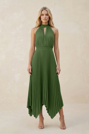 Halter Neck Pleated A - Line Chiffon Bridesmaid Dress in Moss - KissProm Bridesmaid Dresses