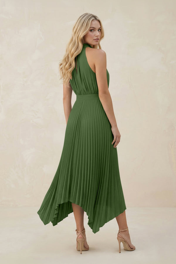 Halter Neck Pleated A - Line Chiffon Bridesmaid Dress in Moss - KissProm Bridesmaid Dresses