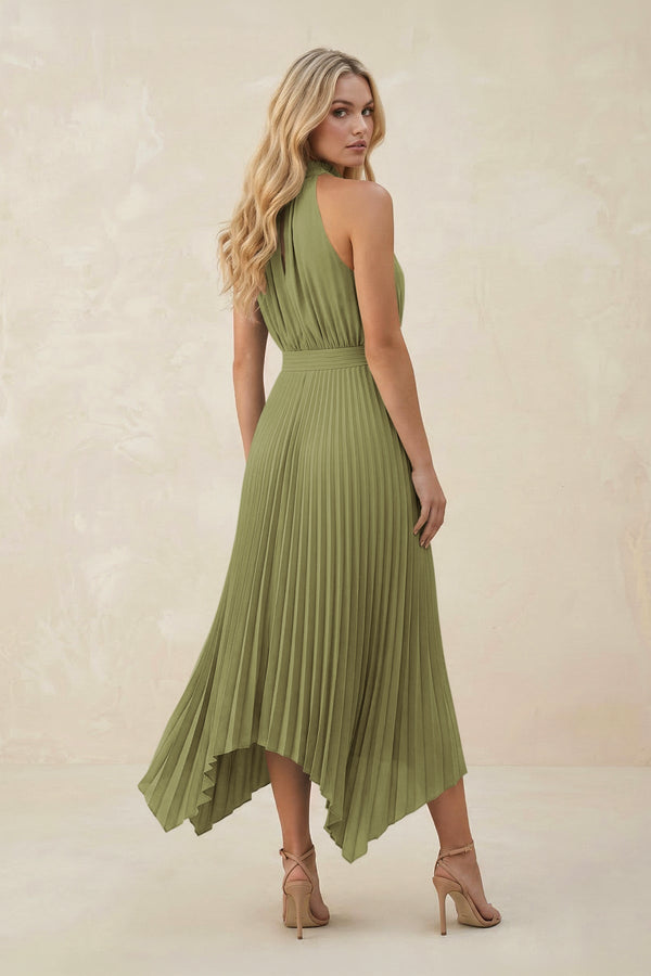 Halter Neck Pleated A - Line Chiffon Bridesmaid Dress in Moss Green - KissProm Bridesmaid Dresses
