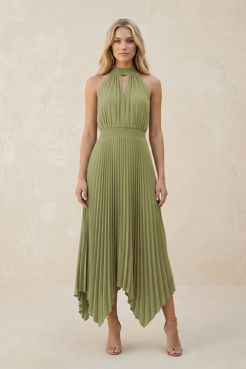 Halter Neck Pleated A - Line Chiffon Bridesmaid Dress in Moss Green - KissProm Bridesmaid Dresses