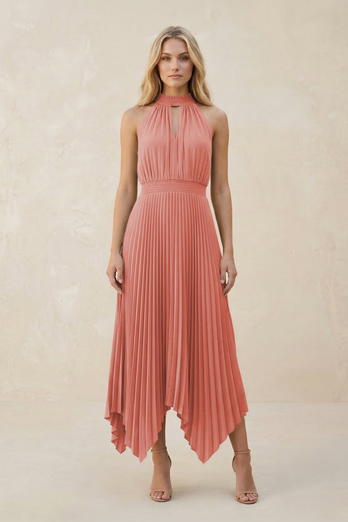 Halter Neck Pleated A - Line Chiffon Bridesmaid Dress in Mulberry - KissProm Bridesmaid Dresses