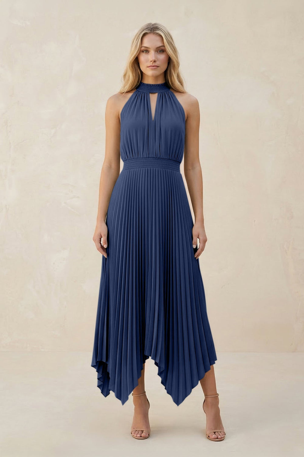 Halter Neck Pleated A - Line Chiffon Bridesmaid Dress in Navy - KissProm Bridesmaid Dresses