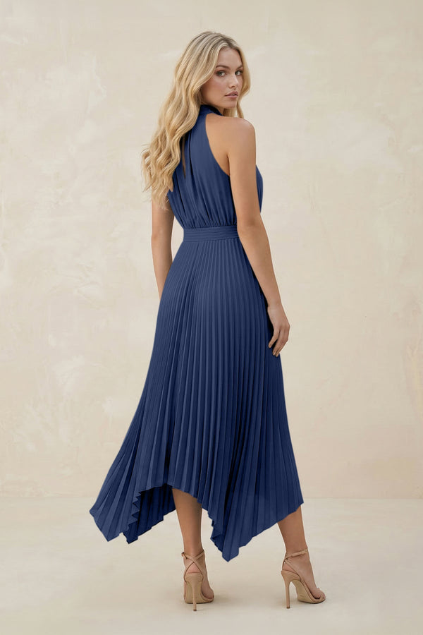 Halter Neck Pleated A - Line Chiffon Bridesmaid Dress in Navy - KissProm Bridesmaid Dresses