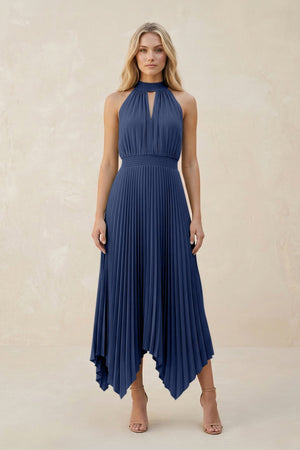 Halter Neck Pleated A - Line Chiffon Bridesmaid Dress in Navy - KissProm Bridesmaid Dresses