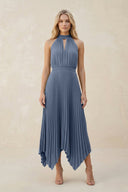 Halter Neck Pleated A - Line Chiffon Bridesmaid Dress in Neptune - KissProm Bridesmaid Dresses