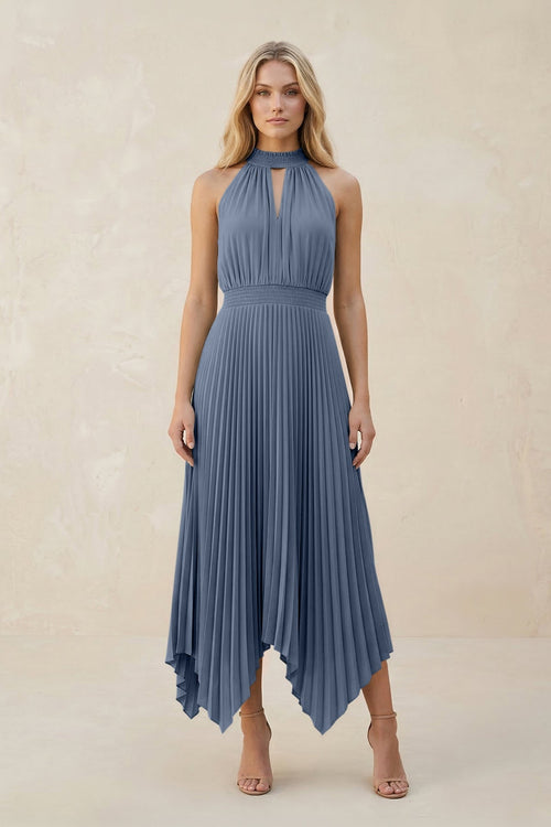 Halter Neck Pleated A - Line Chiffon Bridesmaid Dress in Neptune - KissProm Bridesmaid Dresses