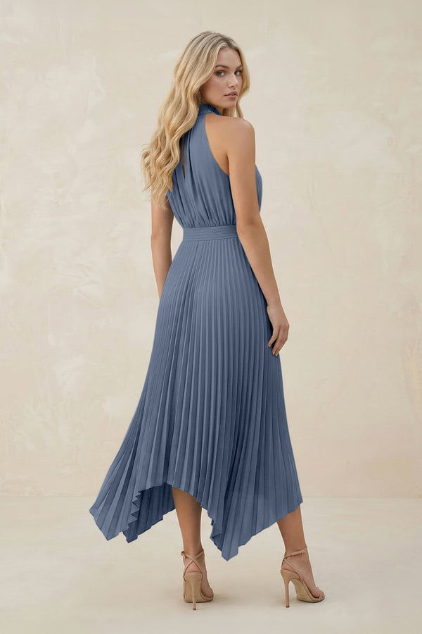 Halter Neck Pleated A - Line Chiffon Bridesmaid Dress in Neptune - KissProm Bridesmaid Dresses