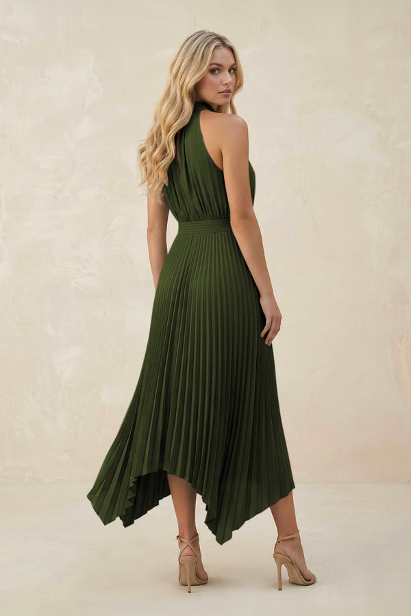 Halter Neck Pleated A - Line Chiffon Bridesmaid Dress in Olive - KissProm Bridesmaid Dresses