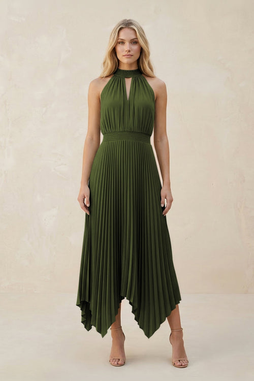 Halter Neck Pleated A - Line Chiffon Bridesmaid Dress in Olive - KissProm Bridesmaid Dresses
