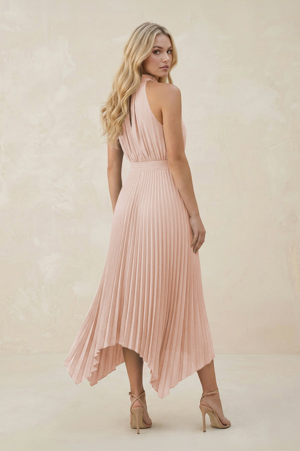Halter Neck Pleated A - Line Chiffon Bridesmaid Dress in Pale Blush - KissProm Bridesmaid Dresses