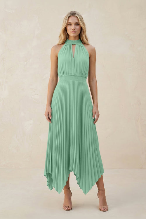 Halter Neck Pleated A - Line Chiffon Bridesmaid Dress in Pale Pistachio - KissProm Bridesmaid Dresses