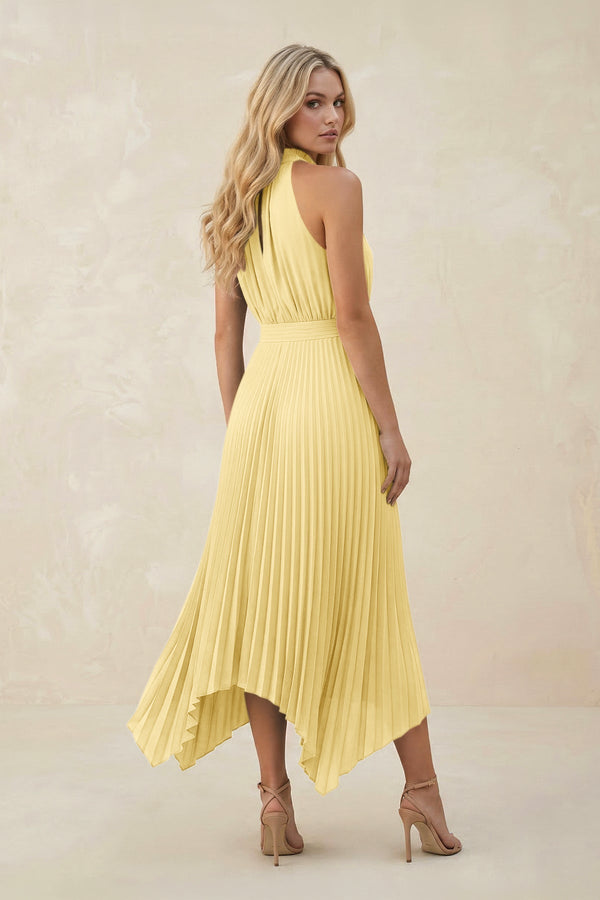 Halter Neck Pleated A - Line Chiffon Bridesmaid Dress in Pastel Yellow - KissProm Bridesmaid Dresses