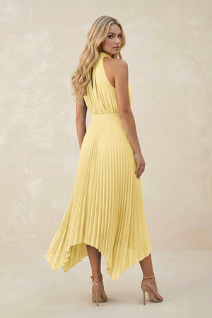 Halter Neck Pleated A - Line Chiffon Bridesmaid Dress in Pastel Yellow - KissProm Bridesmaid Dresses