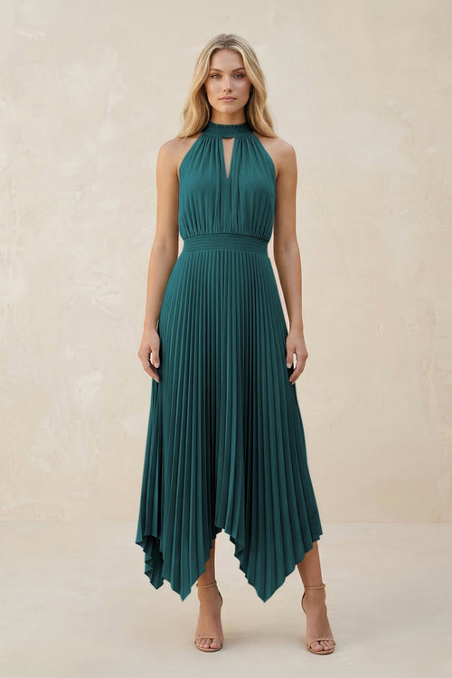 Halter Neck Pleated A - Line Chiffon Bridesmaid Dress in Pine - KissProm Bridesmaid Dresses