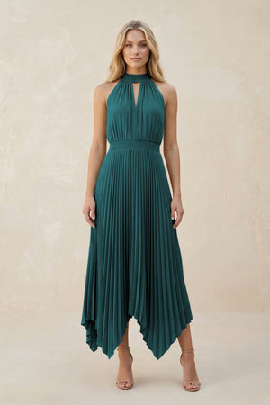Halter Neck Pleated A - Line Chiffon Bridesmaid Dress in Pine - KissProm Bridesmaid Dresses