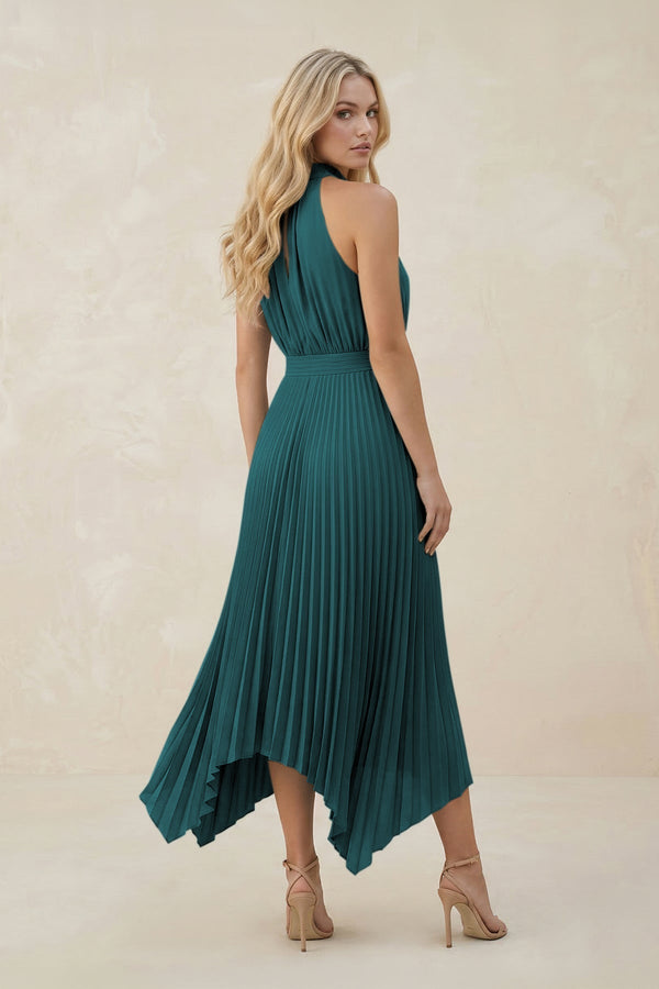 Halter Neck Pleated A - Line Chiffon Bridesmaid Dress in Pine - KissProm Bridesmaid Dresses