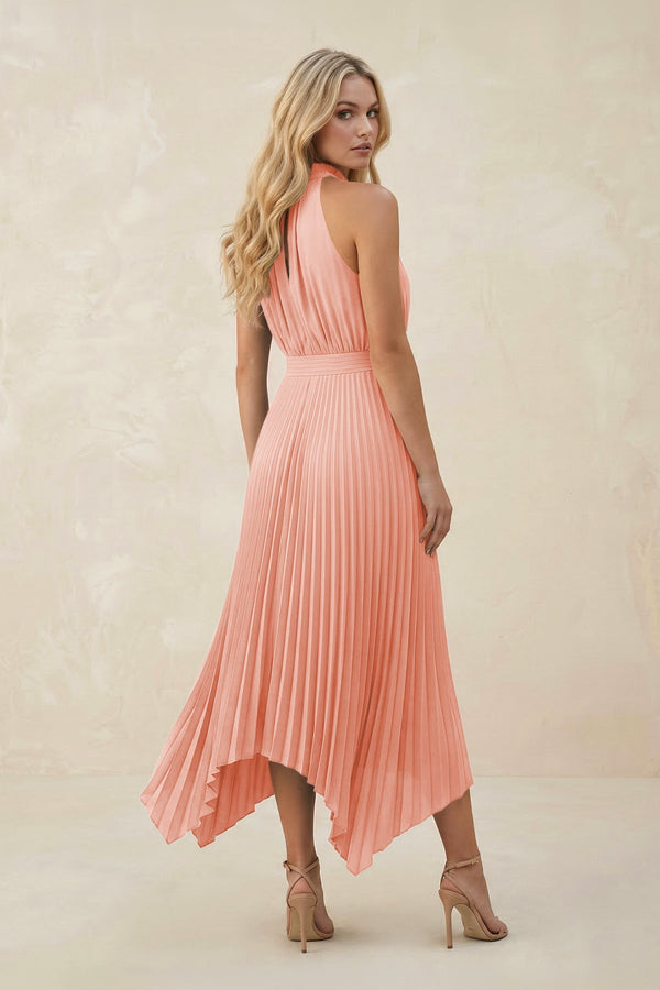Halter Neck Pleated A - Line Chiffon Bridesmaid Dress in Rose Petal - KissProm Bridesmaid Dresses