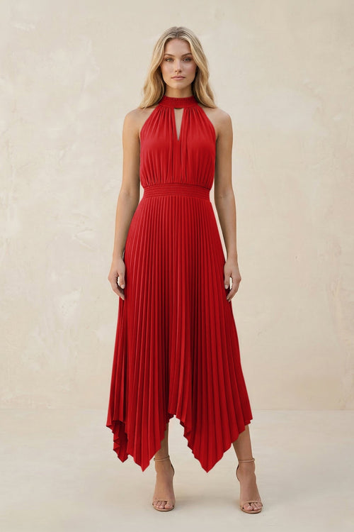 Halter Neck Pleated A - Line Chiffon Bridesmaid Dress in Ruby Red - KissProm Bridesmaid Dresses