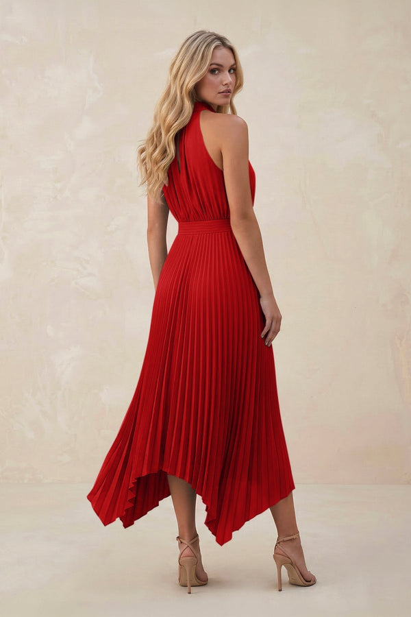 Halter Neck Pleated A - Line Chiffon Bridesmaid Dress in Ruby Red - KissProm Bridesmaid Dresses