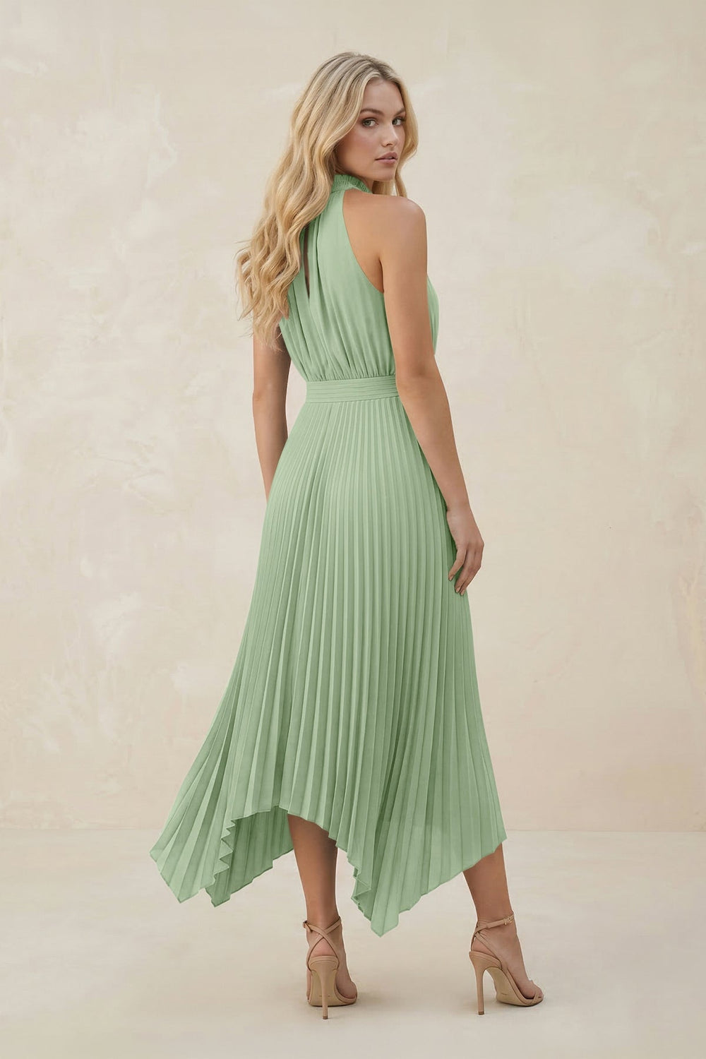 Halter Neck Pleated A - Line Chiffon Bridesmaid Dress in Sage - KissProm Bridesmaid Dresses
