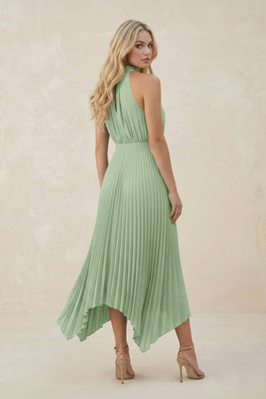 Halter Neck Pleated A - Line Chiffon Bridesmaid Dress in Sage - KissProm Bridesmaid Dresses