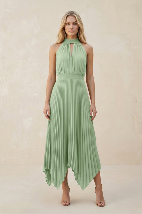 Halter Neck Pleated A-Line Chiffon Bridesmaid Dress in Sage Halter Neck Pleated A-Line Chiffon Bridesmaid Dress in Sage