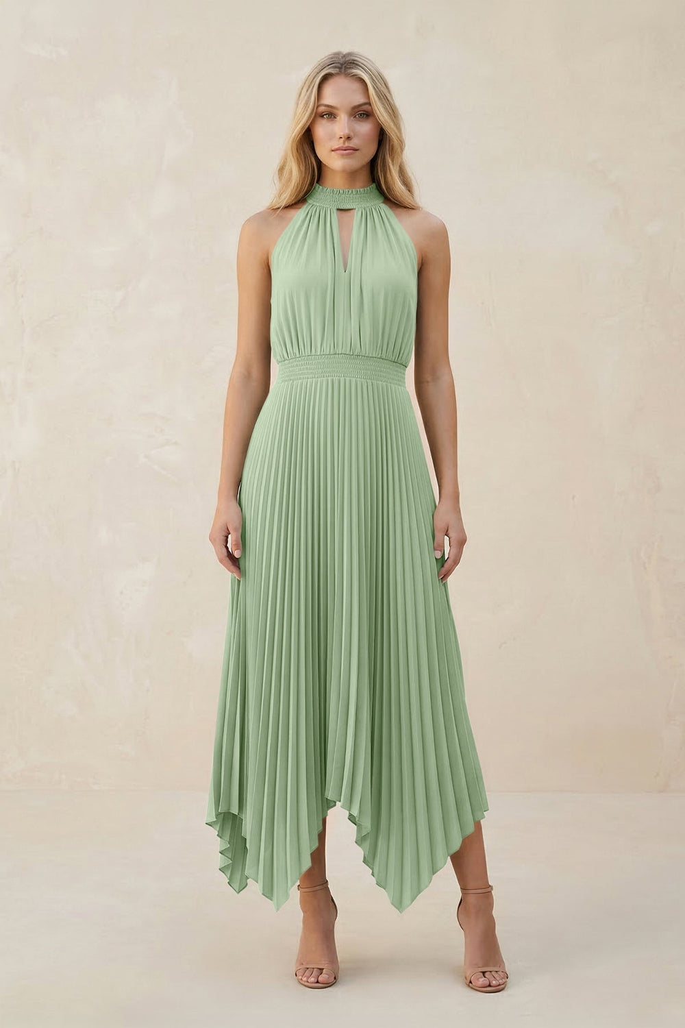 Halter Neck Pleated A - Line Chiffon Bridesmaid Dress in Sage - KissProm Bridesmaid Dresses