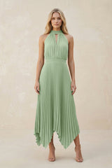Halter Neck Pleated A - Line Chiffon Bridesmaid Dress in Sage - KissProm Bridesmaid Dresses
