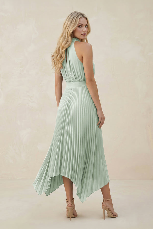 Halter Neck Pleated A - Line Chiffon Bridesmaid Dress in Sage - KissProm Bridesmaid Dresses