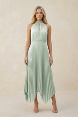 Halter Neck Pleated A - Line Chiffon Bridesmaid Dress in Sage - KissProm Bridesmaid Dresses