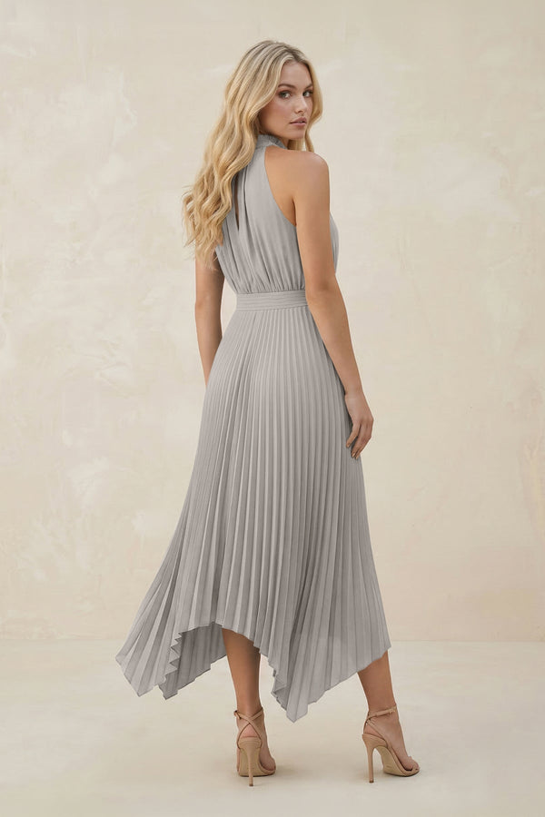Halter Neck Pleated A - Line Chiffon Bridesmaid Dress in Silver - KissProm Bridesmaid Dresses