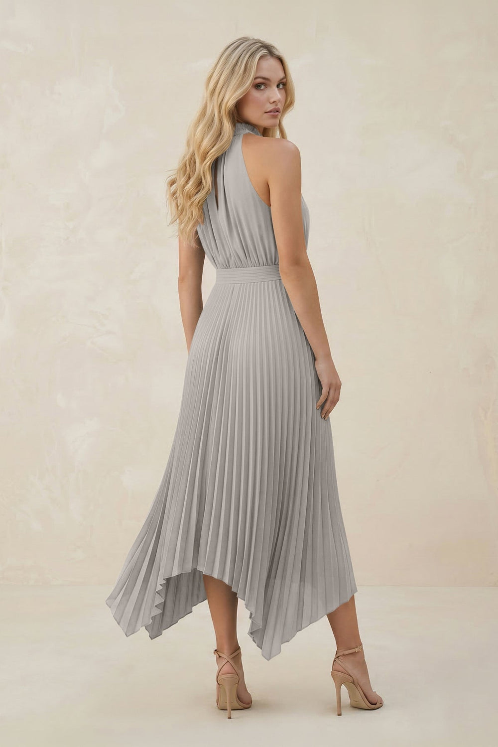 Halter Neck Pleated A - Line Chiffon Bridesmaid Dress in Silver - KissProm Bridesmaid Dresses