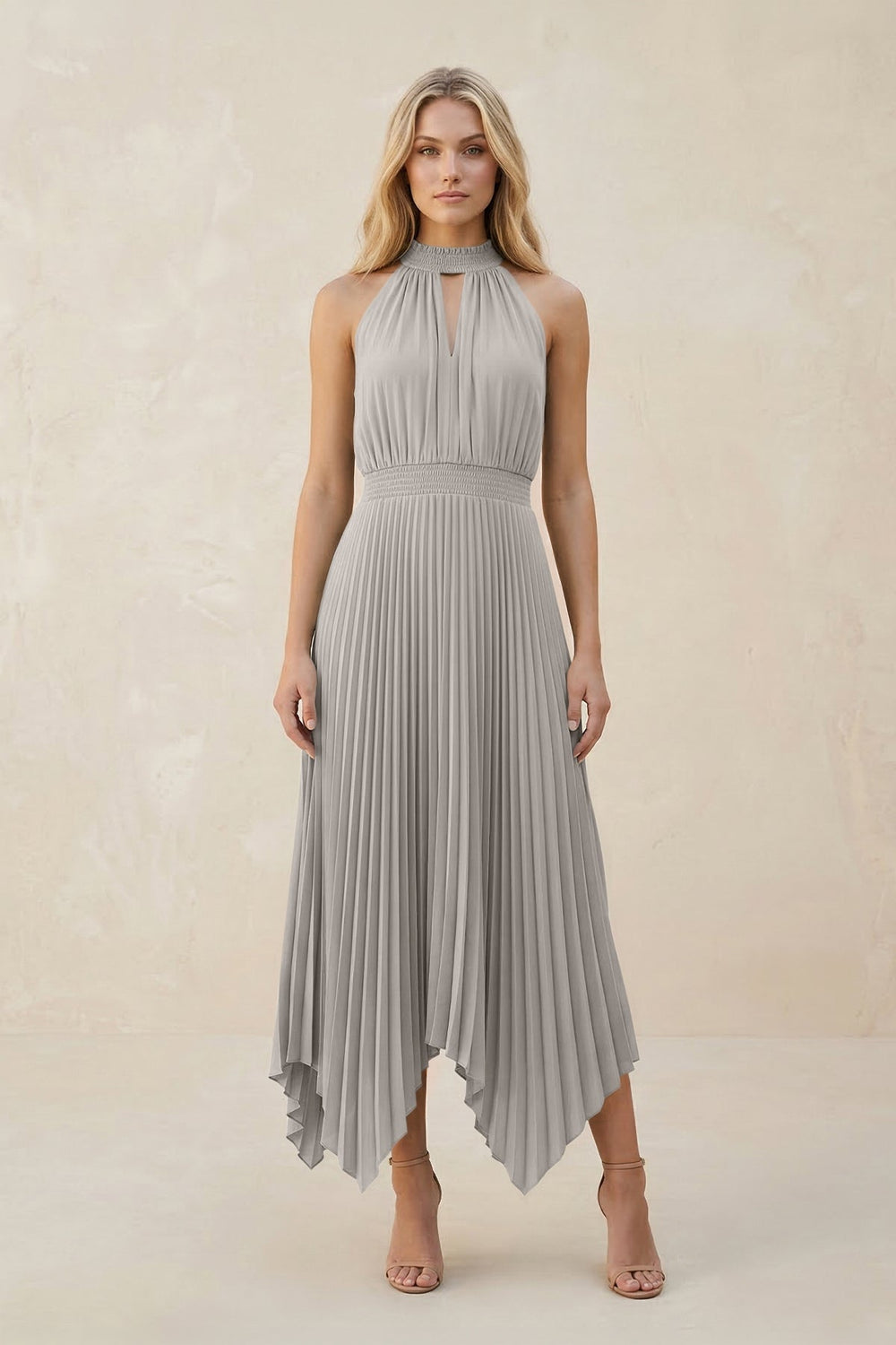 Halter Neck Pleated A - Line Chiffon Bridesmaid Dress in Silver - KissProm Bridesmaid Dresses
