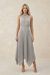 Halter Neck Pleated A - Line Chiffon Bridesmaid Dress in Silver - KissProm Bridesmaid Dresses