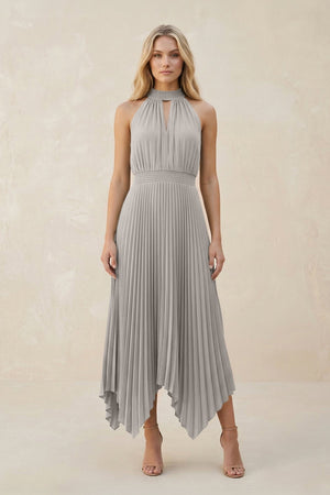 Halter Neck Pleated A - Line Chiffon Bridesmaid Dress in Silver - KissProm Bridesmaid Dresses