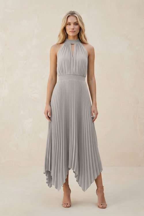 Halter Neck Pleated A - Line Chiffon Bridesmaid Dress in Silver - KissProm Bridesmaid Dresses