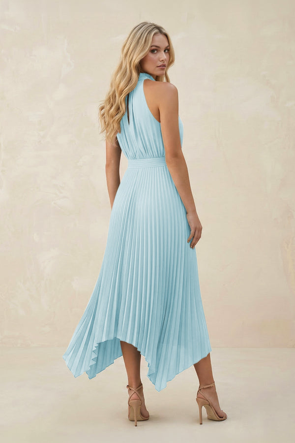 Halter Neck Pleated A - Line Chiffon Bridesmaid Dress in Sky Blue - KissProm Bridesmaid Dresses