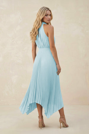 Halter Neck Pleated A - Line Chiffon Bridesmaid Dress in Sky Blue - KissProm Bridesmaid Dresses