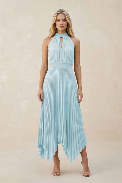 Halter Neck Pleated A - Line Chiffon Bridesmaid Dress in Sky Blue - KissProm Bridesmaid Dresses
