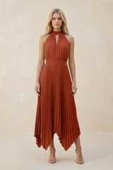 Halter Neck Pleated A - Line Chiffon Bridesmaid Dress in Spice - KissProm Bridesmaid Dresses